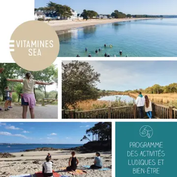 Collage de quatre images montrant des activités en bord de mer : femme en train de marcher sur une plage, groupe de personnes en train de faire du yoga sur une plage, deux personnes assises sur un rocher en bord de mer, et un programme d'activités ludiques et bien-être
